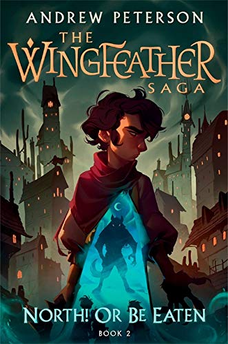 Cover for "The Wingfeather Saga book 2" by Andrew Peterson. It shows a boy in a city with snow falling. There is an opening at the bottom with a wolflike creature standing on his hind legs.