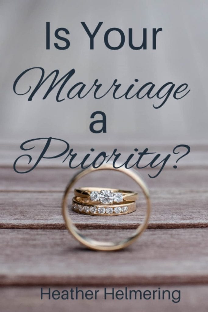 cover for "Is Your Marriage a Priority" by Heather Helmering. It shows two wedding rings while looking through another ring in the foreground.