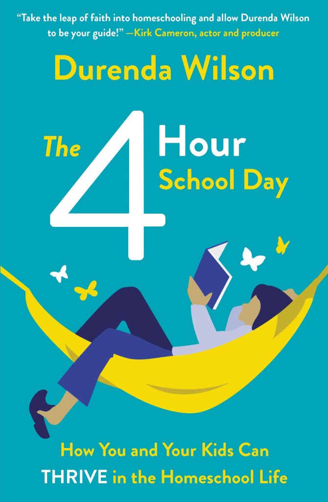 Cover for "The Four Hour School Day" by Durenda Wilson. It shows a person reading a book in a yellow hammock surrounded by butterflies.