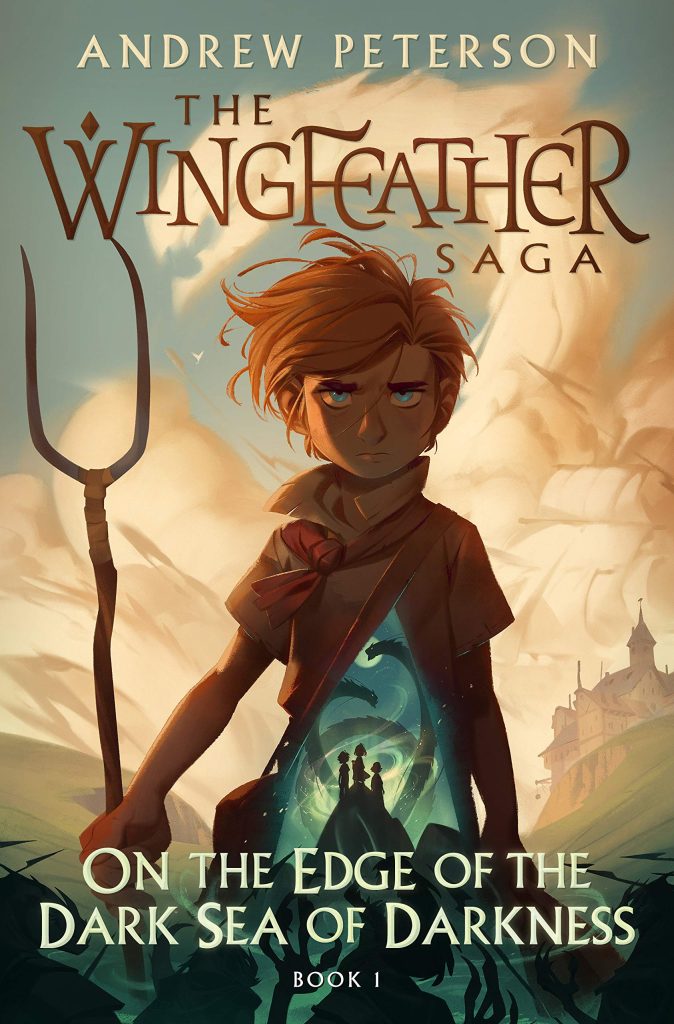 Book cover for "The Wingfeather Saga book 1" by Andrew Peterson. It shows a boy holding a forked stick with a castle in the background.