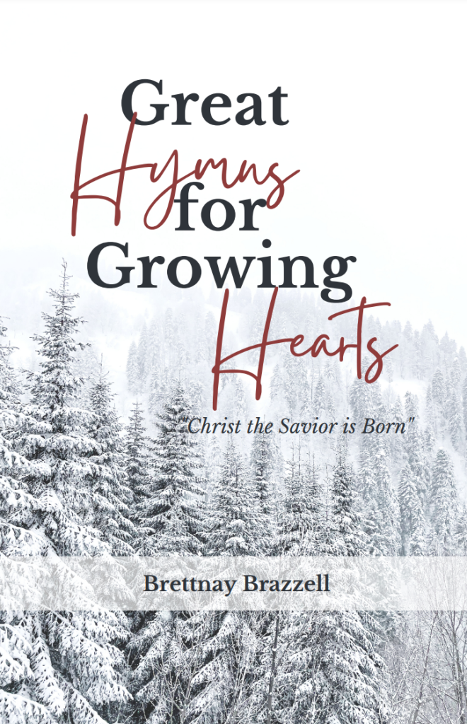 Great Hymns for Growing Hearts Digital cover. It shows the title over a backdrop of snowy pine trees.