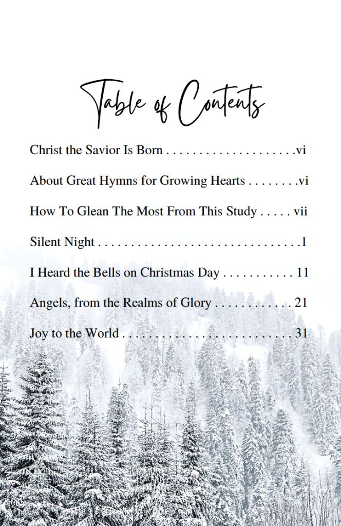 Table of contents showing the different hymns covered in Great Hymns for Growing Hearts - Christmas Edition.