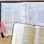 inside of the pen the proverbs plan showing May and June. Also shown is an open Bible, a pen, and a highlighter.