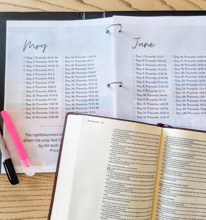 inside of the pen the proverbs plan showing May and June. Also shown is an open Bible, a pen, and a highlighter.