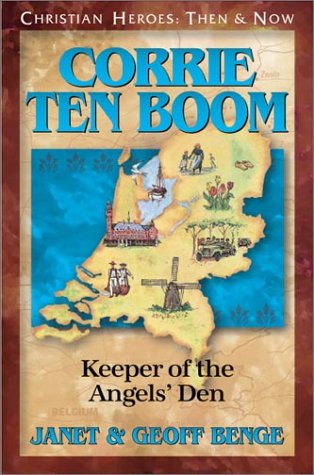 Book cover for "Corrie Ten Boom: by Janet and Geoff Benge. It shows a map of the Netherlands with a windmill and various icons representing her life.