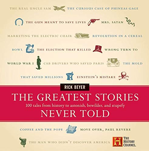 Cover for "The Greatest Stories Never Told" by Rick Beyer. It depicts several chapters from the book with icons next to them representing the themes.