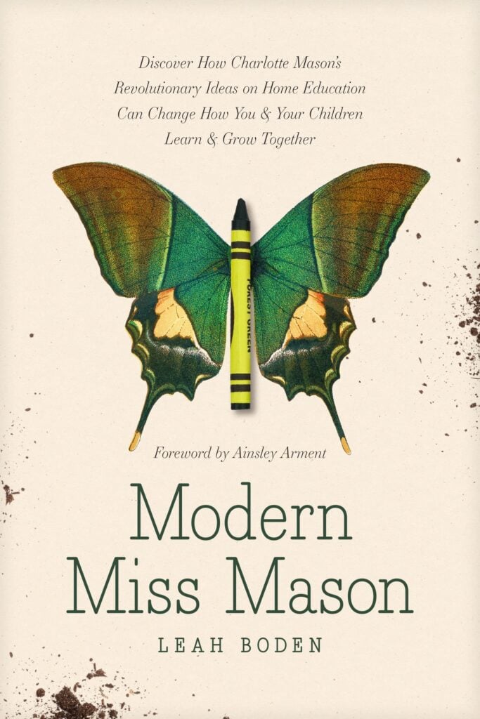 Book cover of "Modern Miss Mason" by Leah Boden. It shows a green butterfly with the body replaced by a green crayon.