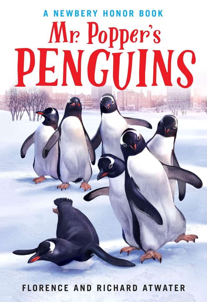 Book cover for "Mr Popper's Penguins" by Florence and Richard Atwater. It shows several penguins walking on the snow.
