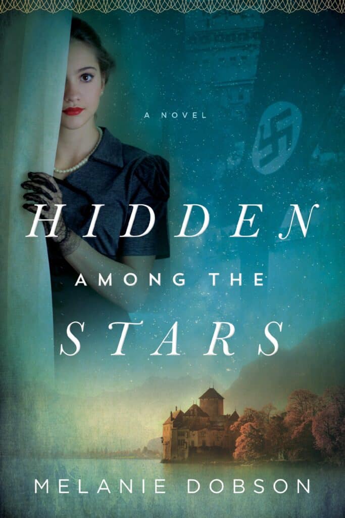 Cover of "Hidden Among the Stars" by Melanie Dobson. It shows a woman pulling aside a curtain and the open sea with a rocky shore under her. There is a Swastika in the background.