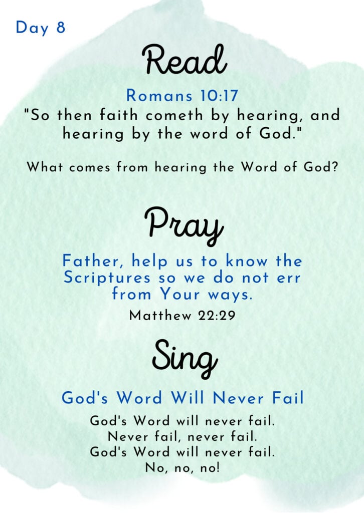 An example card for the back of the toddler devotional card. It has a green watercolor background with the words "Read, Pray, Sing" as headings. Under each heading is scripture and some suggested things to cover with the toddler.