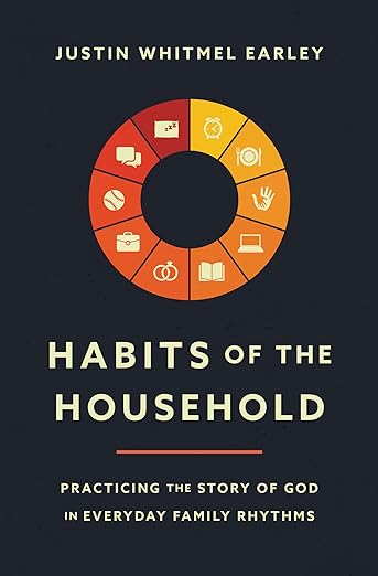 Book Cover for "Habits of the Household" by Justin Whitmel Earley. It shows a wheel with varying colors in the red to yellow spectrum. On the sections of the wheel are various icons representing areas of a person's life and priority such as wedding rings, books, a baseball, and messaging icons.