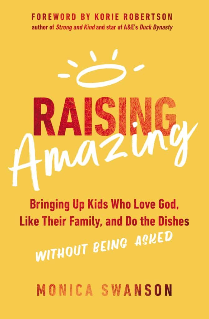 book cover for the book "Raising Amazing" by Monica Swanson. It is a plain yellow cover with the title. There is a drawn halo in white over the word "Amazing".