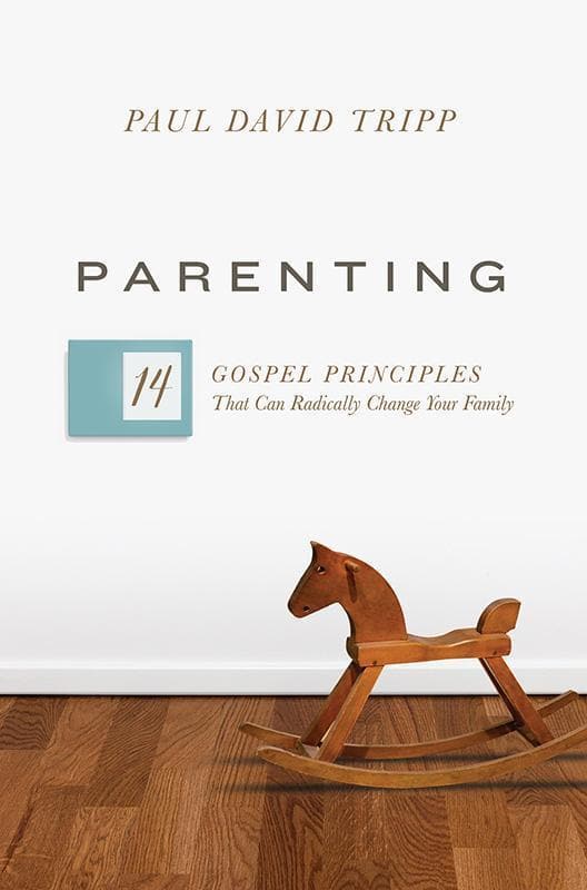 book cover for "Parenting" By Paul David Tripp. It shows a wooden rocking horse on a wood floor with a white wall behind it.