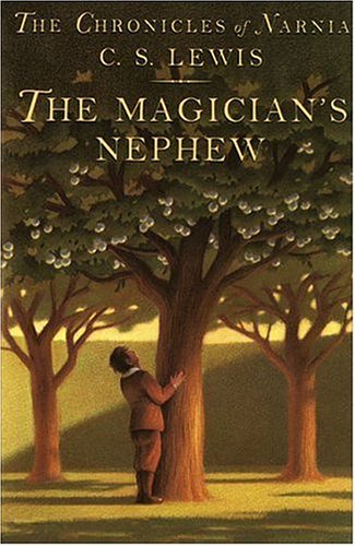Book Cover for "The Magician's Nephew" by C. S. Lewis. It features a boy in a brown school outfit standing in a forest and looking up at the central tree.