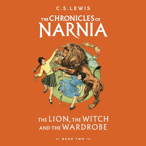 The book cover for "The Lion the Witch and the Wardrobe" by C. S. Lewis. It depicts two girls playing with a lion and casting flowers around him.