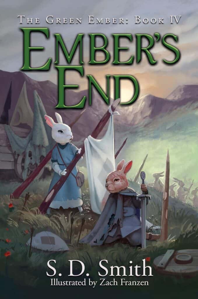 The book cover for "Ember's End" book 4 in The Green Ember series by S. D. Smith. It depicts two rabbits, a white one and a brown one, on a battlefield. There are spears sticking out of the ground. The white rabbit has a white flag. The brown one is kneeling on the ground and holding his sword.
