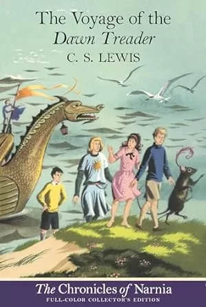 The Book Cover of "The Voyage of the Dawn Treader" by C. S. Lewis. It depicts several children walking on a grassy hillside with the sea and a dragon behind them.