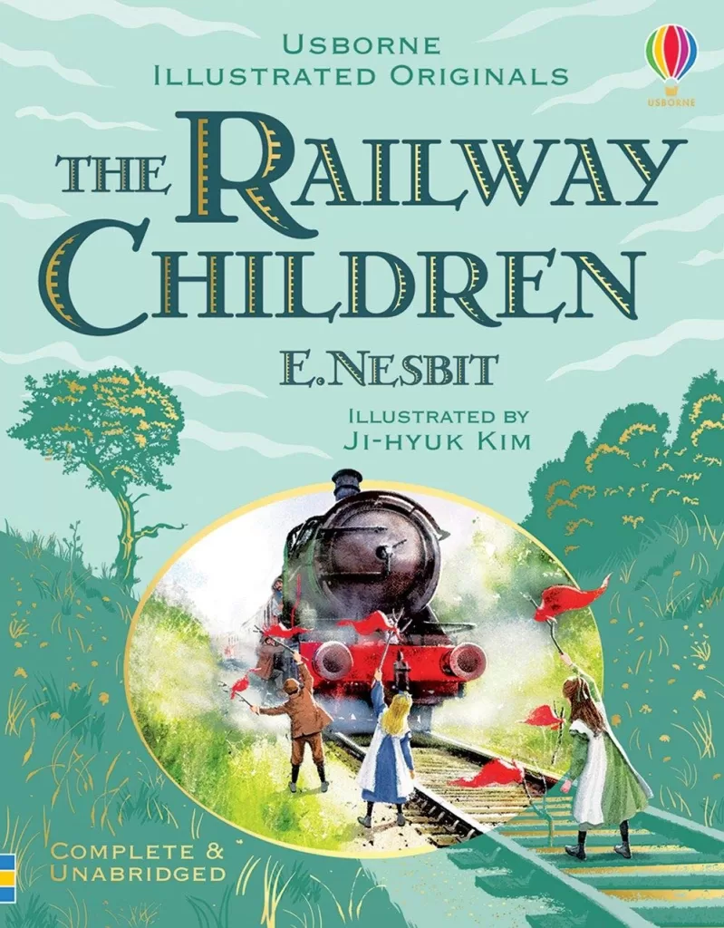 The book cover for "The Railway Children." It depicts three children waiving red flags to try and warn an oncoming train. In the background there are trees and bushes.