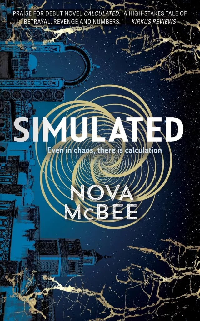 Book cover for "Simulated" by Nova McBee. It has building covered with cracked ground.