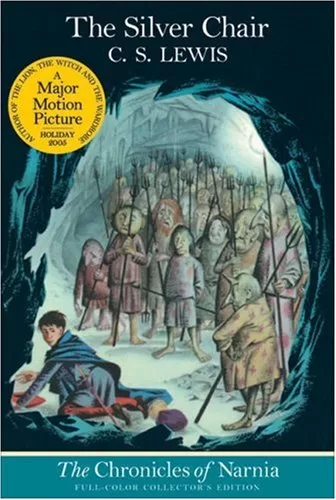 The book cover for "The Silver Chair" by C. S. Lewis. It shows a bunch of small cave dwellers with spears surrounding a small lad with a sword.