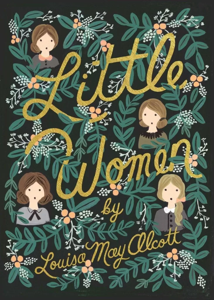 Book cover of "Little Women" by Louisa May Alcott. it depicts four cartoon style girls surrounded by leaves and berries.
