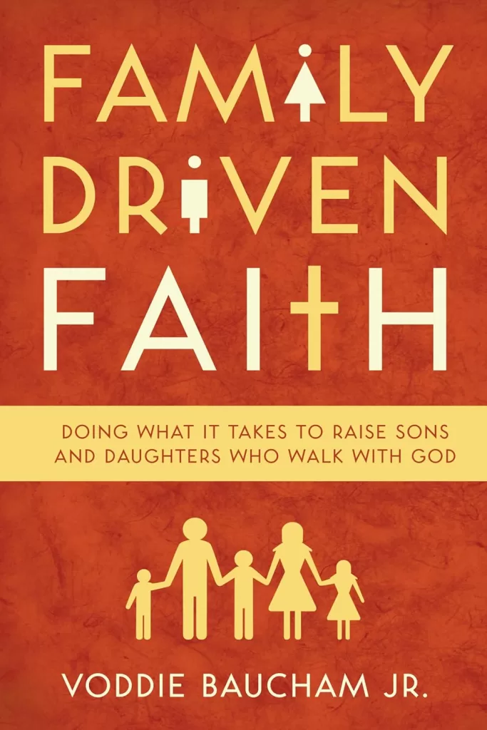 The cover of "Family Driven Faith" by Voddie Baucham Jr. It is red with a icon style depiction of two adults and three children on it.