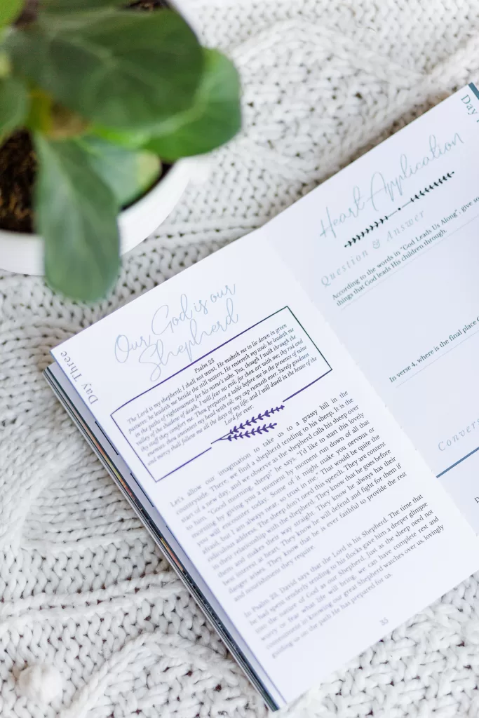 Great Hymns for Growing Hearts book interior image. It shows the hymn's story on one side and a section called "Heart Application" on the right. The book sits on a table with a plant near it.