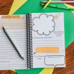 The Sermon Note Journal laying open. Displayed are pages which prompt kids to take notes as well as give some info about their favorite portions of the service